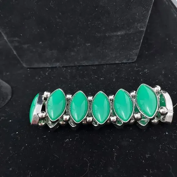 Necklace Bracelet Pierced Earrings Set Emerald Green Faux Stone Silver Tone 21" - Picture 4 of 8